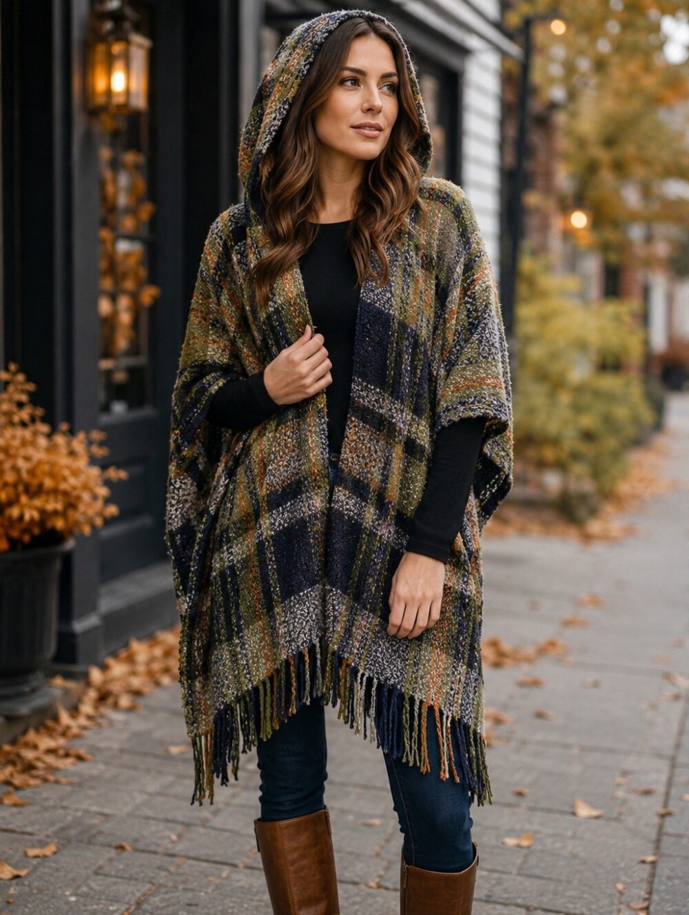 Echo Plaid Hooded Poncho Wrap Sweater Fringe One Size